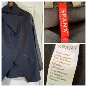 Spanx Black Wrap Drape Faux Leather Sleeve Statement‎ Jacket Coat Size L / G